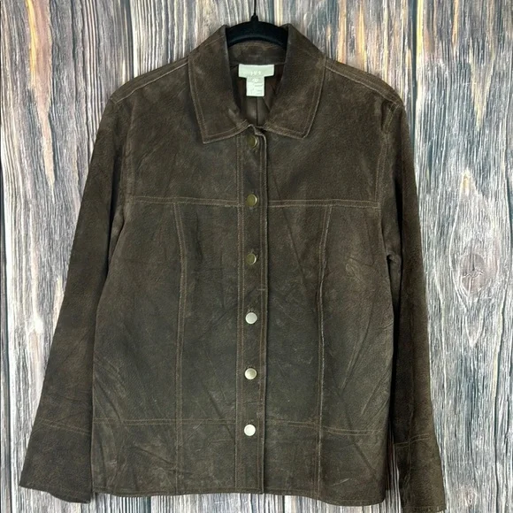 Brown Leather Jacket with Textured Fabric and Casual Style - Picture 1 of 12